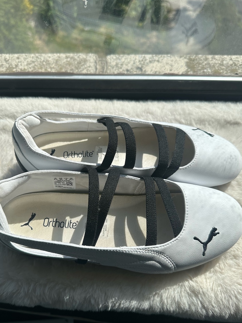 Puma White Ballet Flats with Black Straps